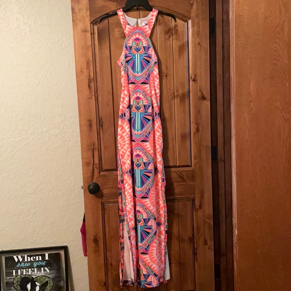 Mara Hoffman aztec neon maxi double slit dress open back